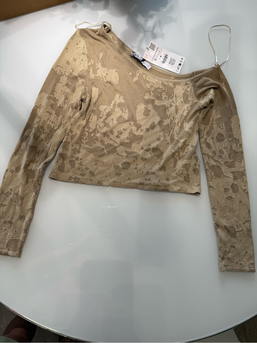 Zara M Beige Patterned Long-Sleeve Cropped Jersey Off Shoulder Top